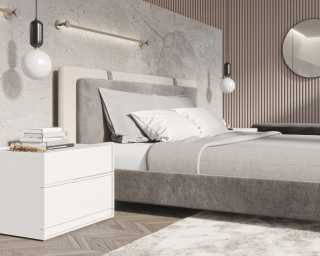 Abigail Bed -Milan Grey featuring Hunter Collection - White Glossy Lacquer and Angelo Bench is Black Velvet Abigail Bed -Milan Grey featuring Hunter Collection - White Glossy Lacquer and Angelo Bench is Black Velvet