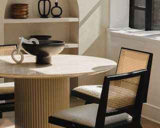 Athena Dining Table with Javert Side Chairs in peal boucle Athena Dining Table with Javert Side Chairs in peal boucle